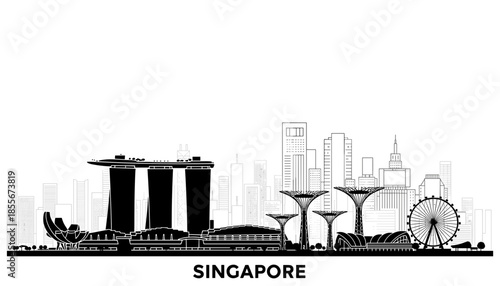 A black and white silhouette of the Singapore skyline, featuring iconic landmarks like Marina Bay Sands and Gardens by the Bay.