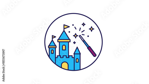 Cartoon castle with magic wand inside circle for fantasy concepts