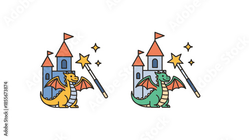 Cartoon dragons beside fantasy castles with magic wands against white backdrop