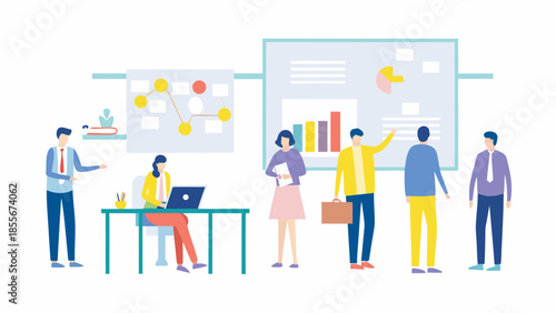 Business team collaborating on project with charts