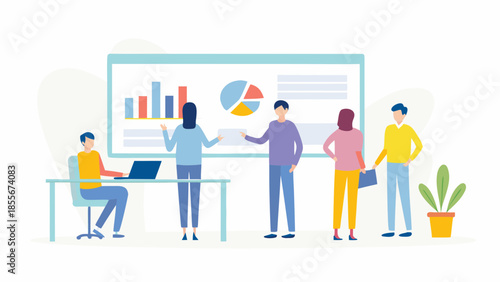 Business team collaborating on data analysis and presentation