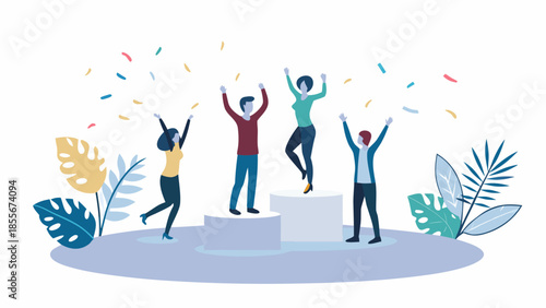 Diverse group celebrating success on modern podium with confetti