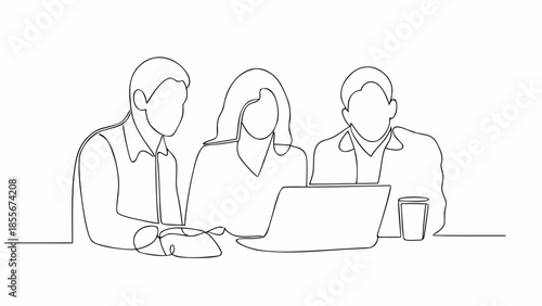 Business team collaborating on laptop in modern workspace