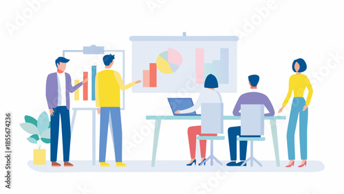 Business team collaborating on project with charts and graphs