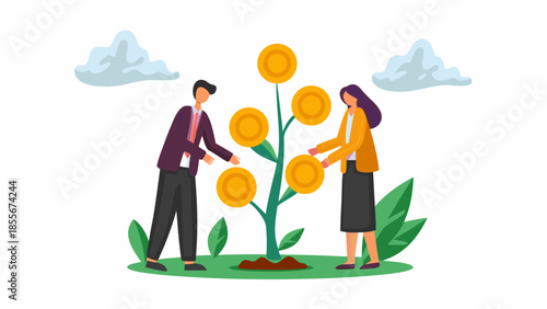 Business partners nurturing growing money plant together