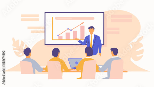 Cartoon illustration of a business team meeting in an office room featuring people at a desk with a laptop and computer design concept