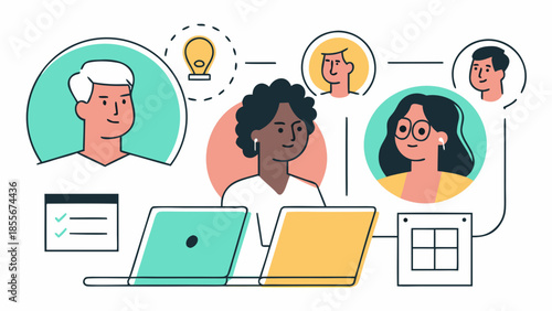 A vector illustration of a diverse group of business people working together on laptops in an office to represent a global technology communication network