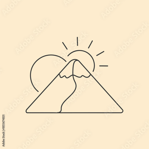 Nature Landscape Illustration of Mountain with Sun and River in Minimalist Style