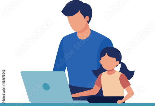 Parent enabling parental controls and security settings on a laptop to protect their child online illustration