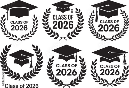 Set of Class of 2026 Graduation Vector with Cap and Laurel Wreath