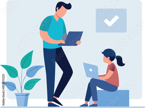 Parent and child reviewing social media privacy settings together for a safe online experience illustration