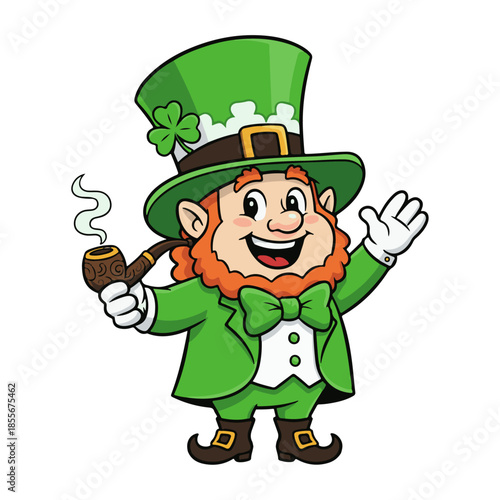 Saint Patrick's Day character illustration with green hat smoking a pipe, orange beard, vector