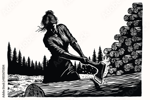 Black and White Woodcut Illustration of a Woman Chopping Wood