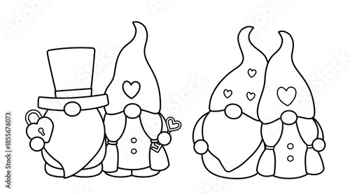 Cute Valentine's Day Couple Gnome Outline, Coloring Pages and Templates set.
Black and white lines.