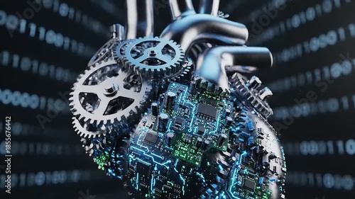 Digital Heart with Gears and Circuitry Representing Advanced Medical Technology.