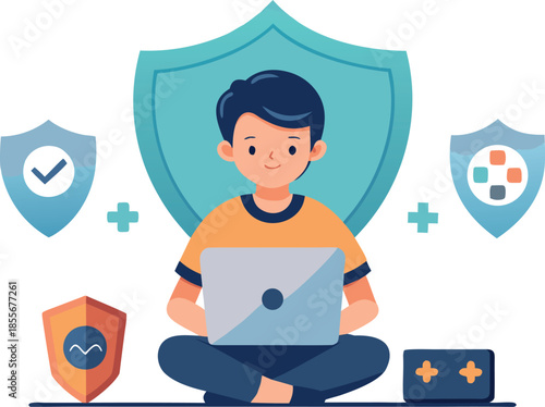 Young gamer safely playing an online video game with privacy settings enabled for a secure gaming experience illustration