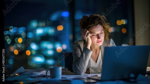 Tired businessperson working late at a dim office with a glowing laptop and looming deadline
