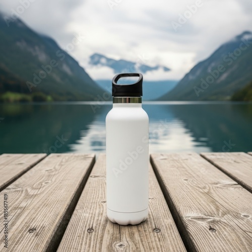 White water bottle on wooden dock overlooking mountain lake