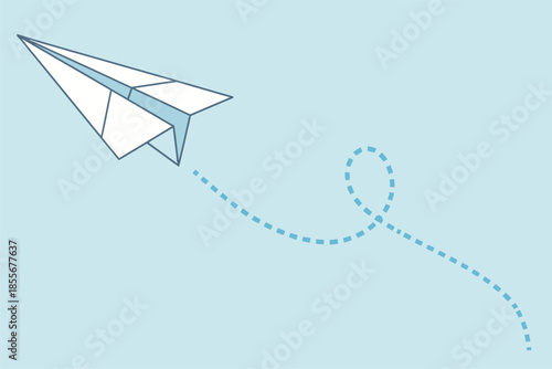 Paper Airplane Taking Off in a Light Blue Sky, Graphic Illustration, Playful Design