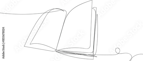 Continuous one line drawing Opened book with pages. A minimalist continuous line art drawing of an open book symbolizing knowledge and learning. 