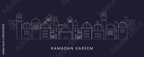 Ramadan Kareem background in line art style. Modern linear Islamic greeting card template. Eid Al-Fitr Mubarak greeting cards, poster, banner, cover with copy space, Collection Arabic geometric shape.