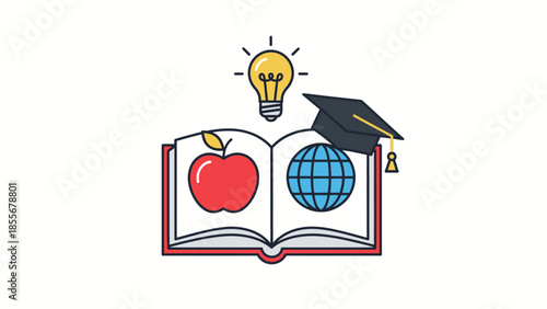 Educational illustration book globe apple lightbulb and graduation cap