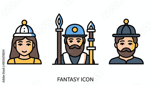 Fantasy icon set with people and weapons for design and illustration