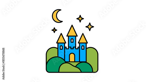 Cartoon castle illustration blue turrets with moon and stars on white