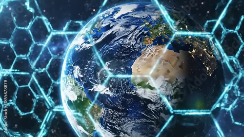Earth protected by a glowing hexagonal shield in space, symbolizing global security and digital defense.