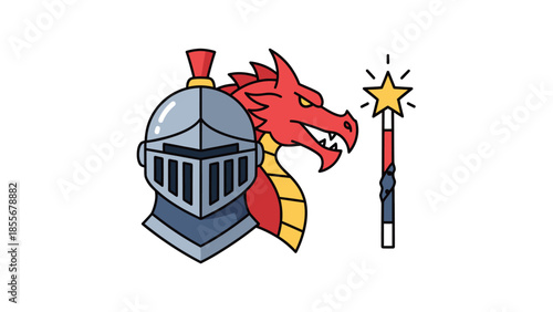 Fantasy illustration knights helmet dragon head magic wand isolated white