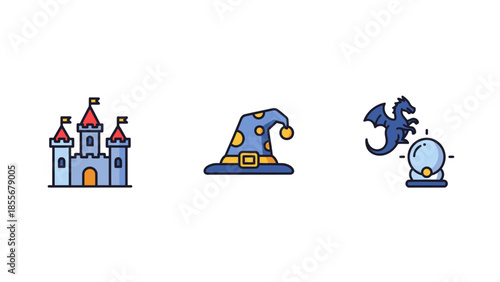 Fantasy icon set with castle wizard hat crystal ball and dragon illustration