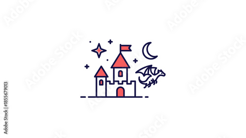 Fantasy castle illustration with dragon stars and moon on white background