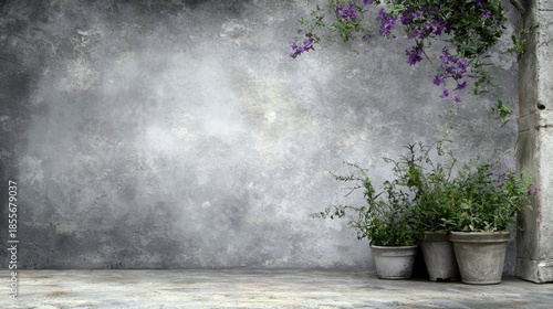 A gray concrete wall with purple flowers and green plants.