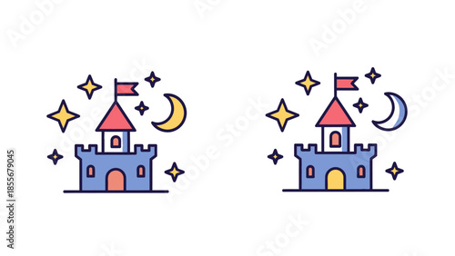 Cartoon castle illustrations with stars and moon for creative design projects