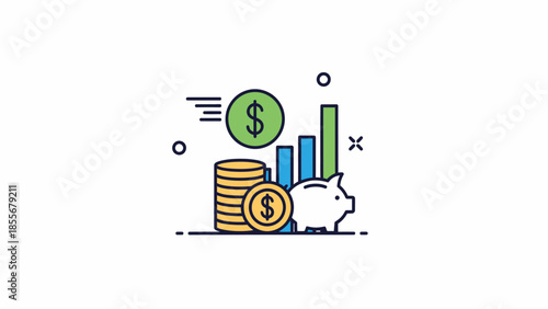 Financial growth concept stacked coins piggy bank and rising bar chart