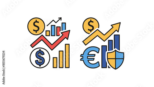 Financial growth concepts dollar and euro symbols with upward trends and charts