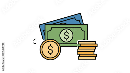 Illustrated currency and coins displaying monetary value and financial concepts