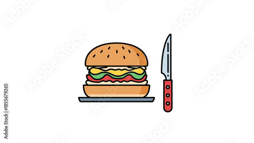 Delicious hamburger with knife beside it on white background for various uses