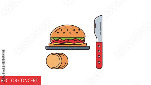 Delicious hamburger with knife and potatoes on white background vector illustration