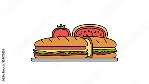 Freshly prepared submarine sandwiches with tomato and watermelon slice