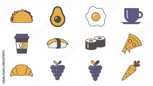 Illustrated food icons set taco avocado egg coffee sushi pizza croissant