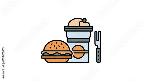 Fast food meal illustration with burger coffee and fork on white background