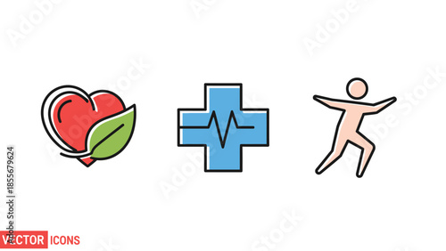 Health and wellness icons representing heart medical and activity symbols