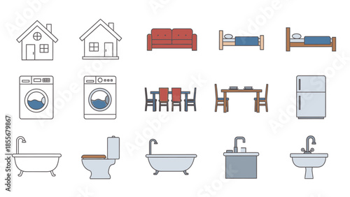 Illustrated home interior elements set furniture and appliances vectors