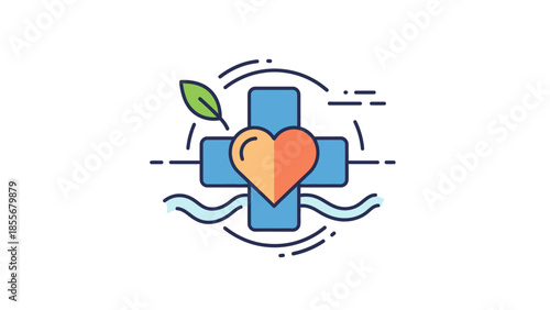 Health and wellness concept icon cross heart and leaf symbol on white