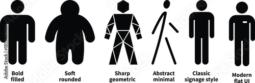 Human icon style comparison showing bold soft rounded sharp geometric abstract minimal classic signage and modern flat UI figures