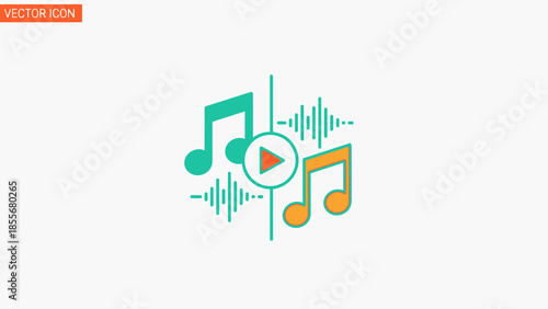 Music play icon with colorful notes and sound waves on white background