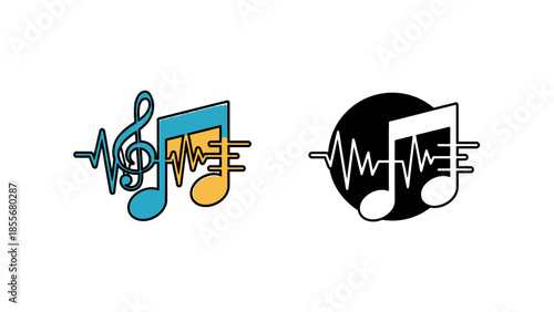 Music note logos depicting sound waves and rhythm in colorful and monochrome styles