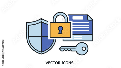 Security vector illustration shield padlock key document icons concept