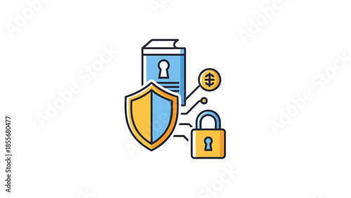 Digital security concept with shield padlock and book illustration